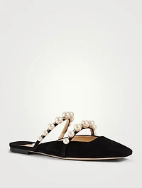 Amaya Suede Flat Mules With Pearls