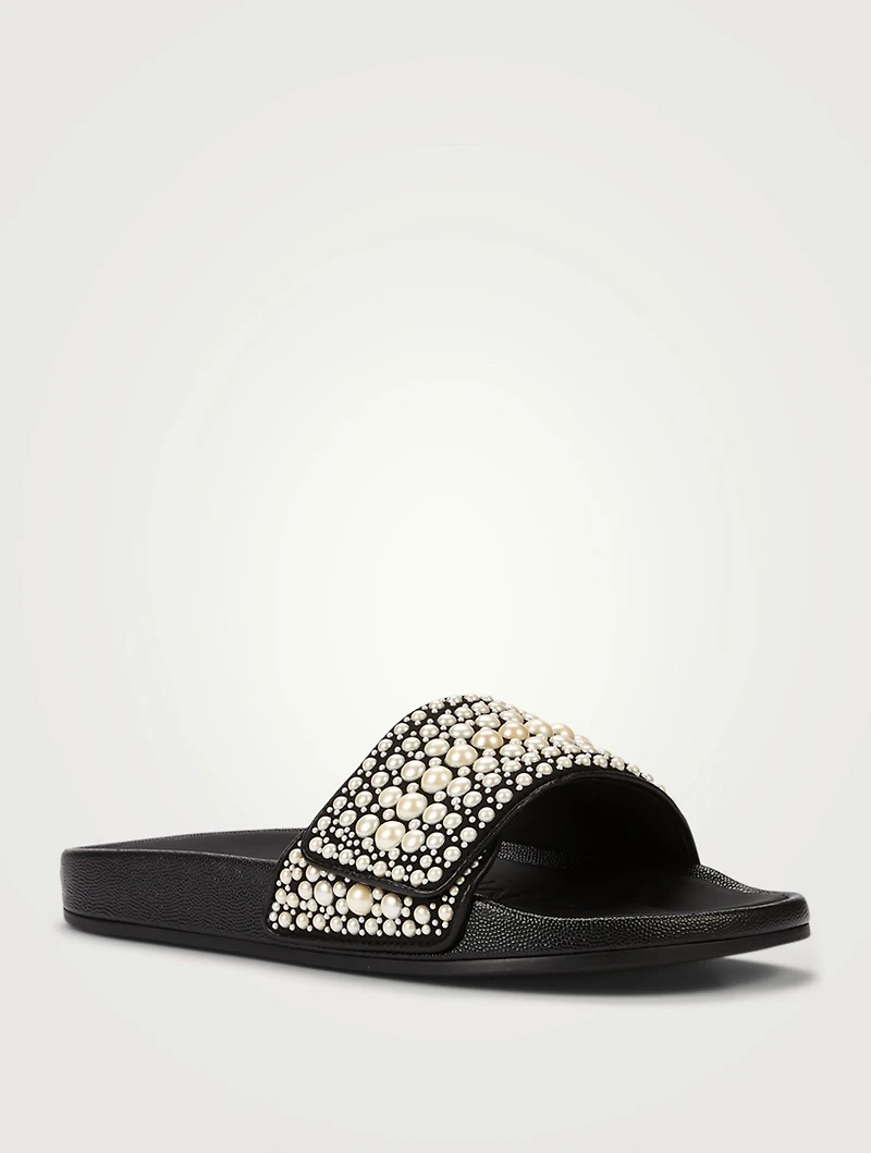 Fitz/F Canvas And Leather Pool Slide Sandals With Pearls
