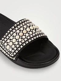Fitz/F Canvas And Leather Pool Slide Sandals With Pearls