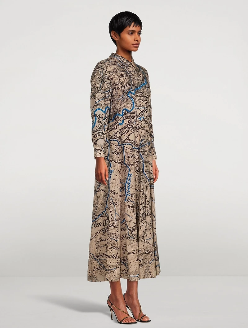 Long-Sleeve Wool Shirt Dress Map Print