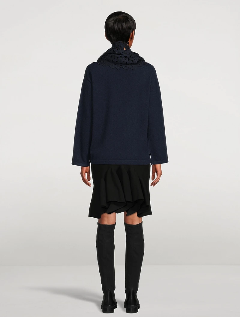Drawstring Cashmere Top With Embroidered Snood