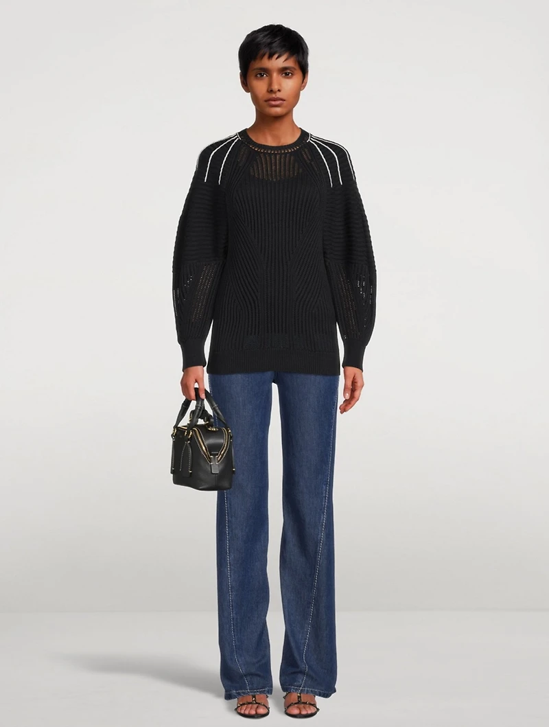 Open-Stitch Sweater With Puff-Sleeve