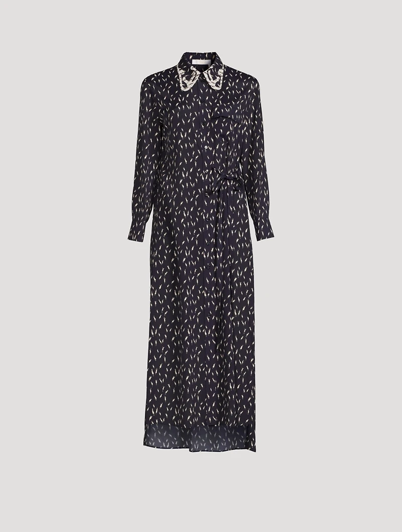 Crêpe Long-Sleeve Midi Dress Micro Tulip Print