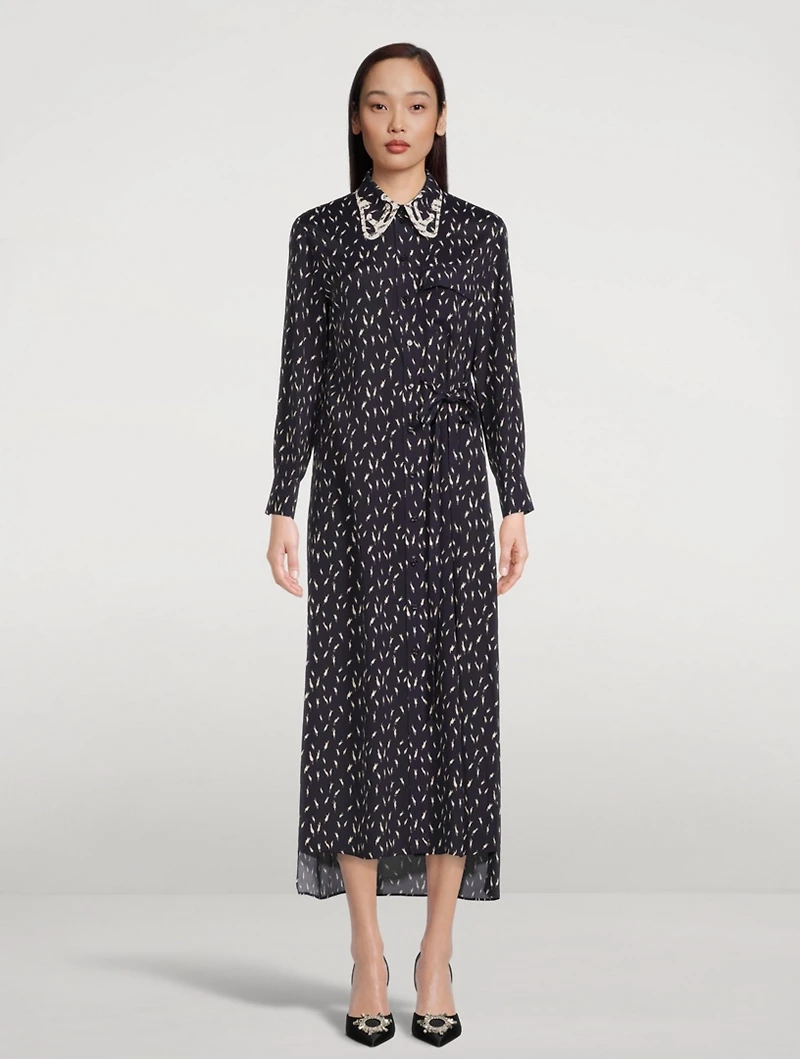 Crêpe Long-Sleeve Midi Dress Micro Tulip Print
