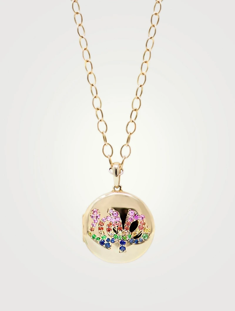 Rainbow 14K Gold Love Locket Necklace With Multicolour Sapphire