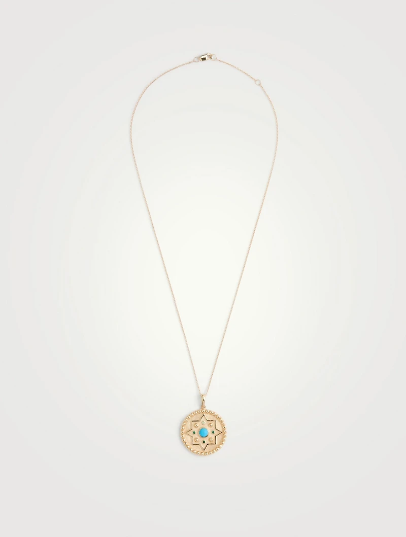 Aztec 14K Gold Dew Drop Mayan Medallion Necklace With Turquoise And Emerald