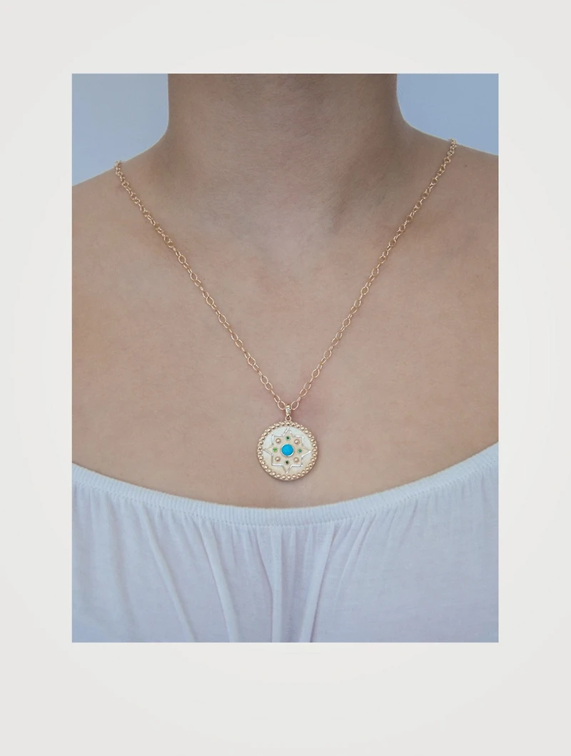Aztec 14K Gold Dew Drop Mayan Medallion Necklace With Turquoise And Emerald