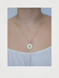 Aztec 14K Gold Dew Drop Mayan Medallion Necklace With Turquoise And Emerald