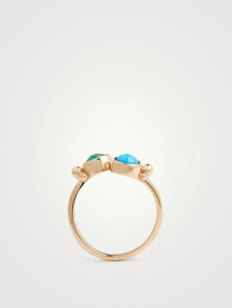 Dew Drop 14K Gold Bubbling Brook Twist Ring With Turquoise And Emerald