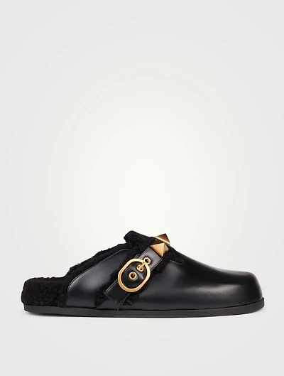 Roman Stud Leather And Shearling Flat Mules