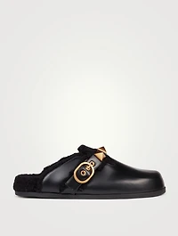Roman Stud Leather And Shearling Flat Mules