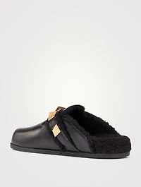 Roman Stud Leather And Shearling Flat Mules