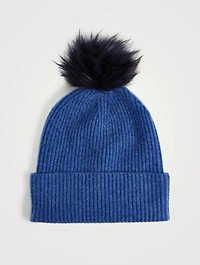 Turnback Cashmere Ribbed Beanie With Faux Fur Pom