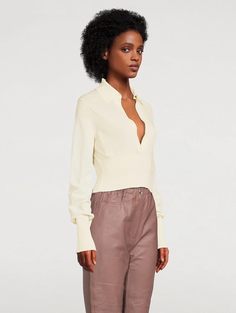 Burgos Knit V-Neck Long-Sleeve Crop Top