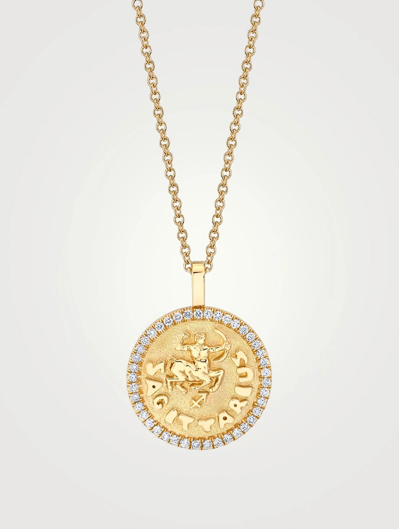 18K Gold Zodiac Sagittarius Coin Pendant Necklace With Diamonds