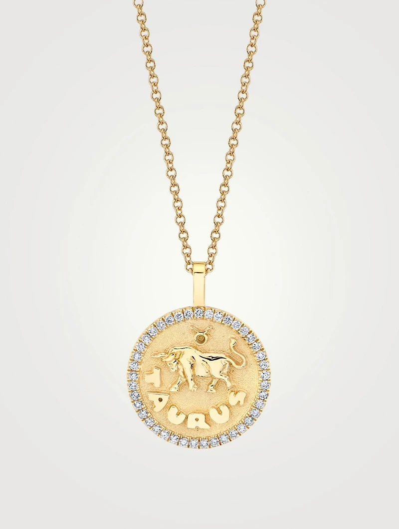 18K Gold Zodiac Taurus Coin Pendant Necklace With Diamonds