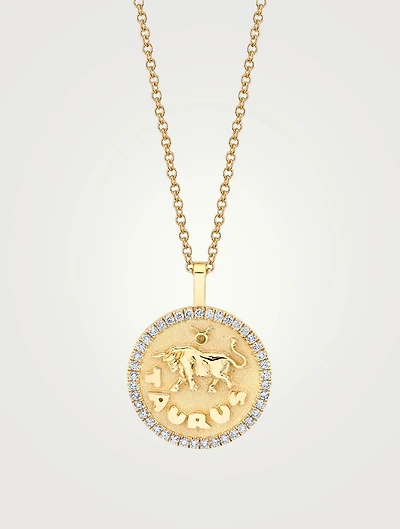 18K Gold Zodiac Taurus Coin Pendant Necklace With Diamonds