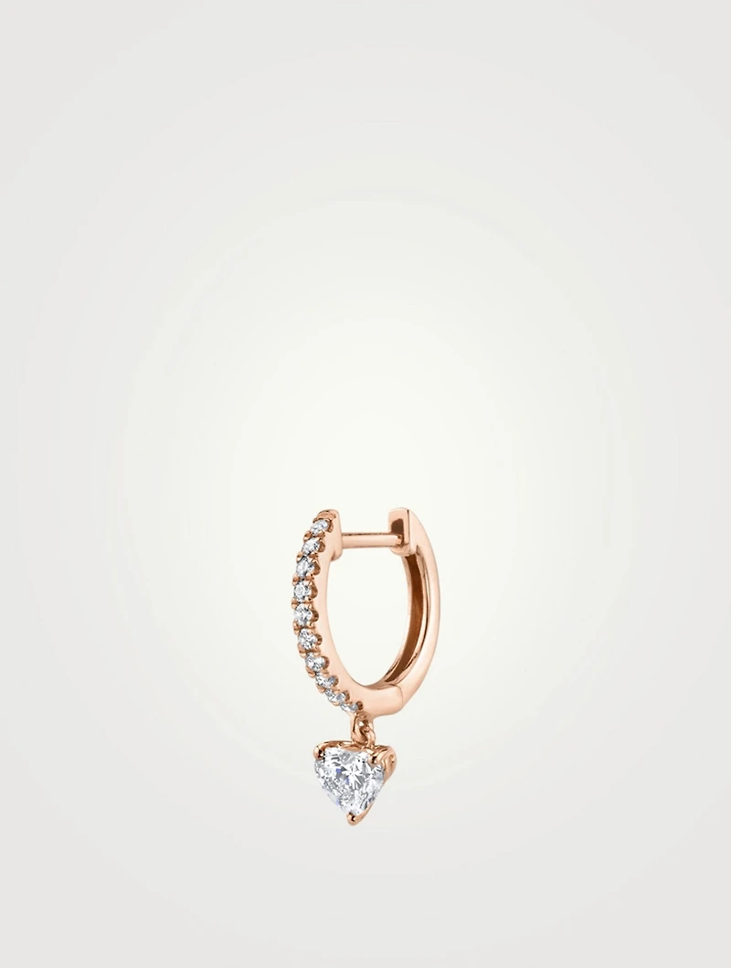 18K Rose Gold Diamond Huggie Hoop Earring With Heart Diamond Drop