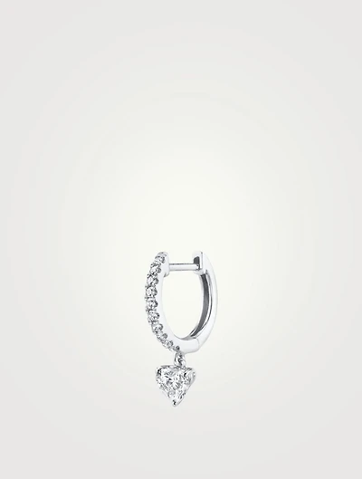 18K White Gold Diamond Huggie Hoop Earring With Heart Diamond Drop