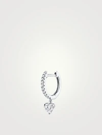18K White Gold Diamond Huggie Hoop Earring With Heart Diamond Drop