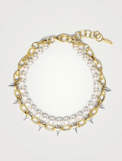 20K Gold Plated Layered Single Row Spike Necklace With Faux Pearls