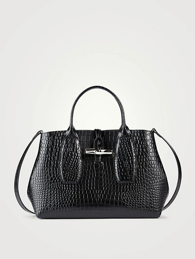 Medium Roseau Croc-Embossed Leather Top Handle Bag