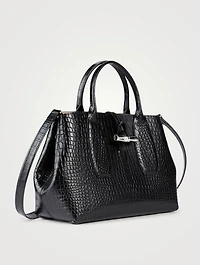 Medium Roseau Croc-Embossed Leather Top Handle Bag