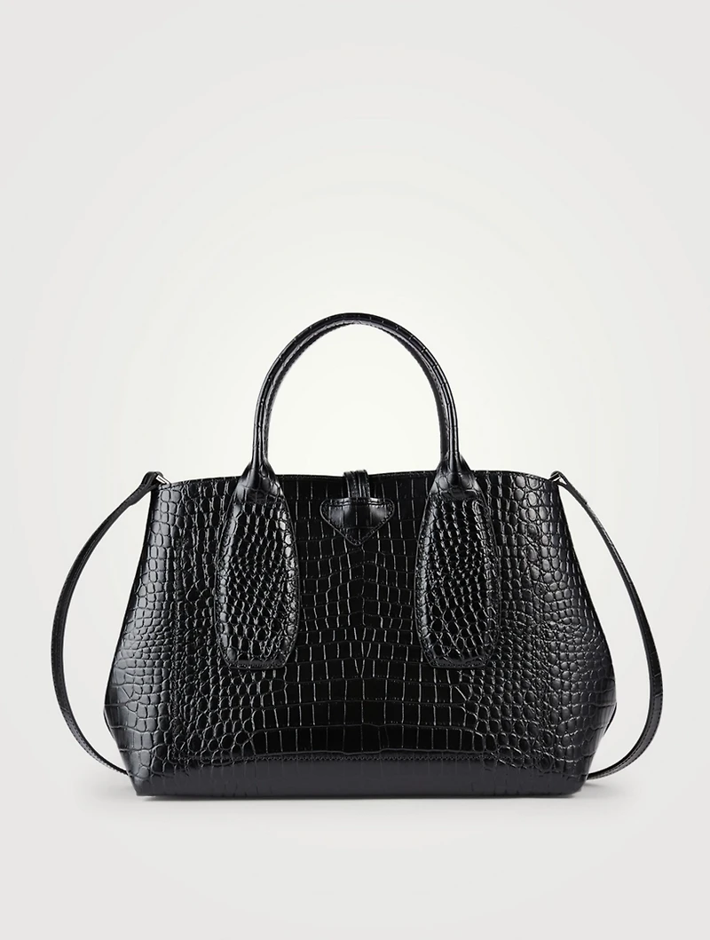 Medium Roseau Croc-Embossed Leather Top Handle Bag