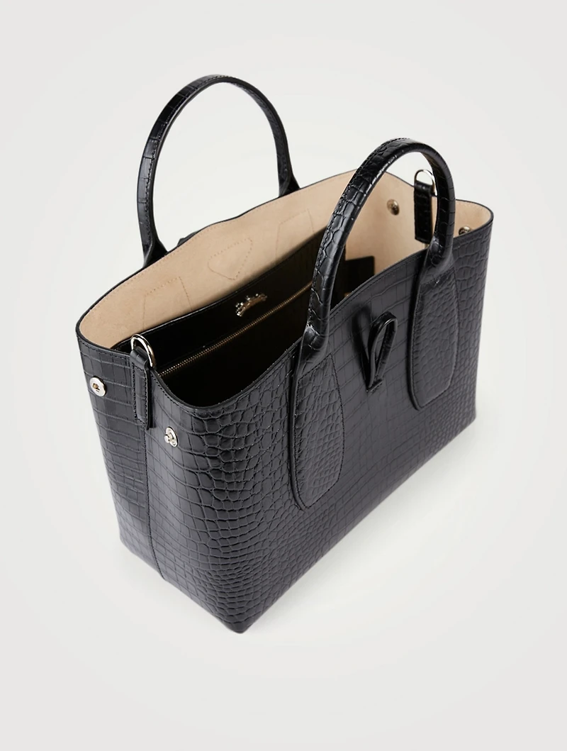 Medium Roseau Croc-Embossed Leather Top Handle Bag