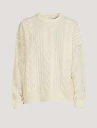 Open Cable Merino Wool Cashmere Crewneck Sweater