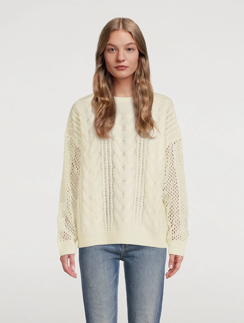 Open Cable Merino Wool Cashmere Crewneck Sweater