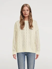 Open Cable Merino Wool Cashmere Crewneck Sweater