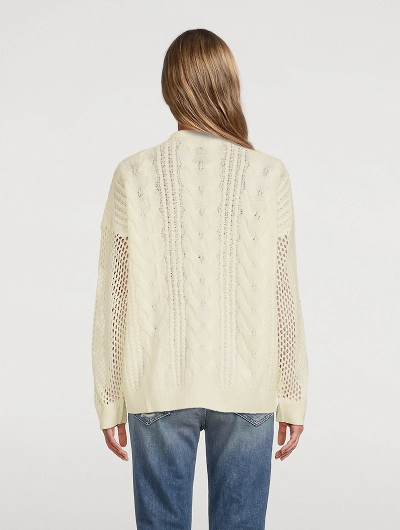 Open Cable Merino Wool Cashmere Crewneck Sweater