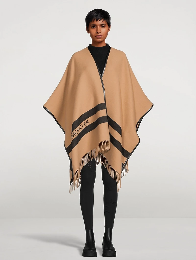 Wool Jacquard Poncho With Fringe