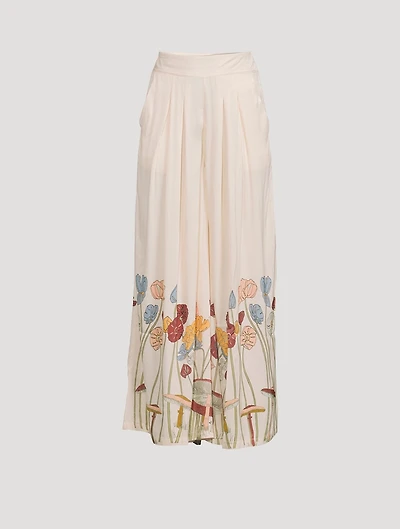 Cupro High-Waisted Palazzo Pants Mushroom Garden Print