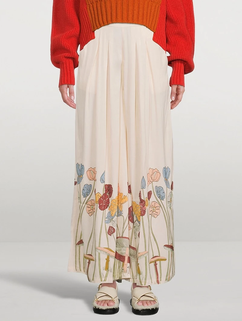 Cupro High-Waisted Palazzo Pants Mushroom Garden Print
