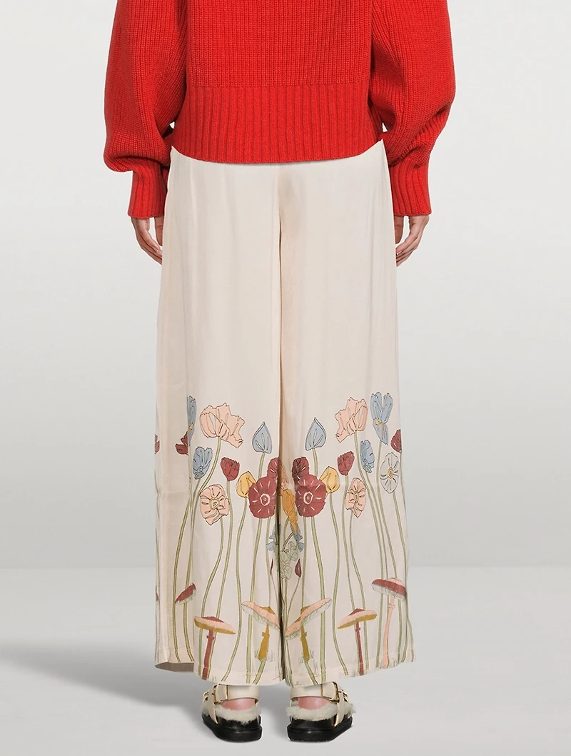 Cupro High-Waisted Palazzo Pants Mushroom Garden Print
