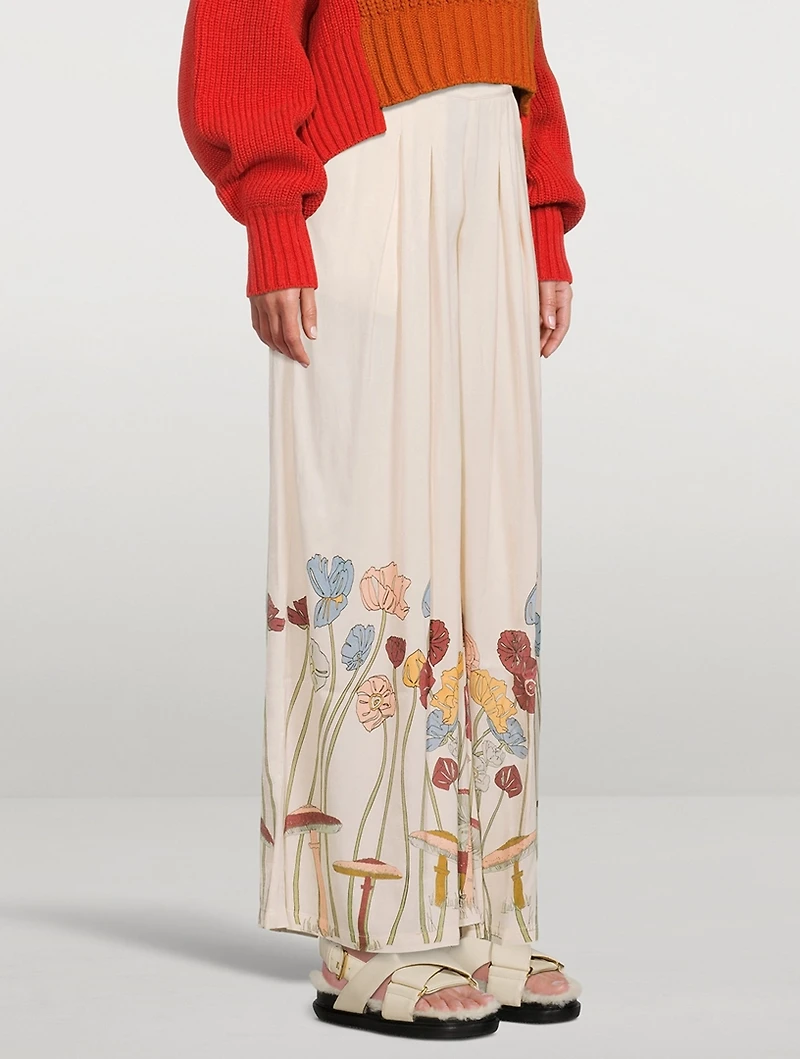 Cupro High-Waisted Palazzo Pants Mushroom Garden Print