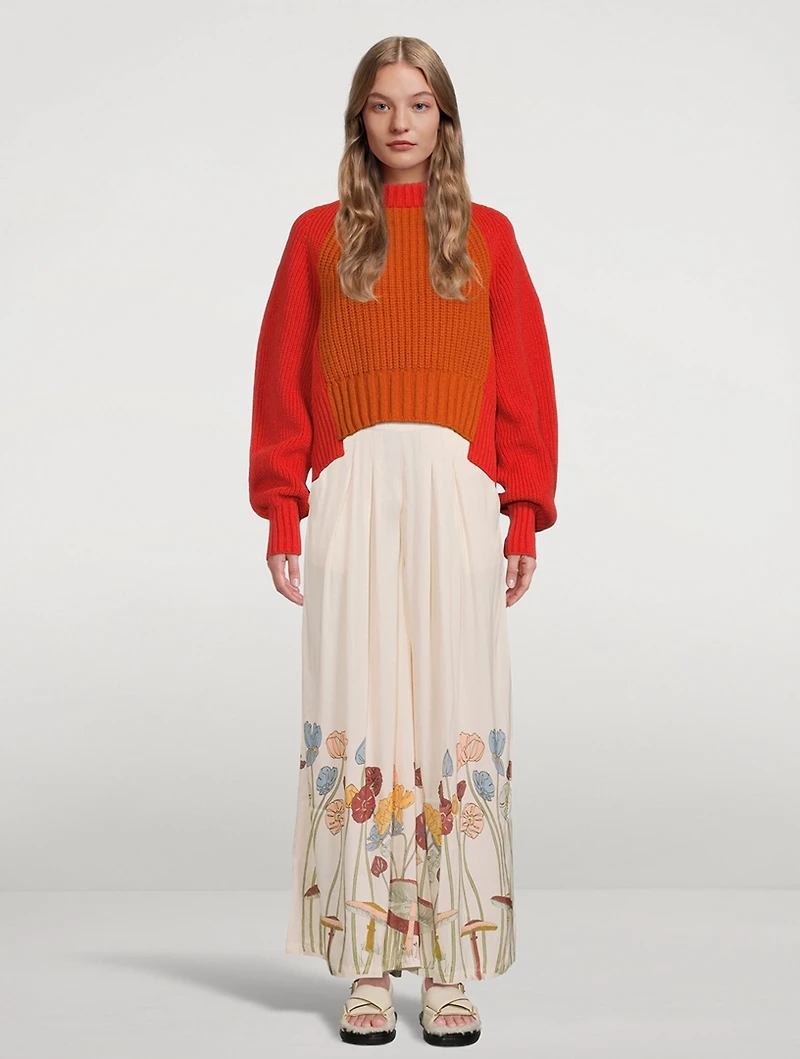 Cupro High-Waisted Palazzo Pants Mushroom Garden Print