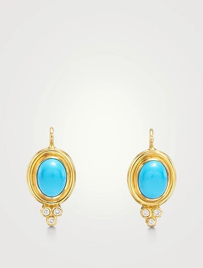 18K Gold Classic Temple Drop Earrings With Turquoise And Diamonds