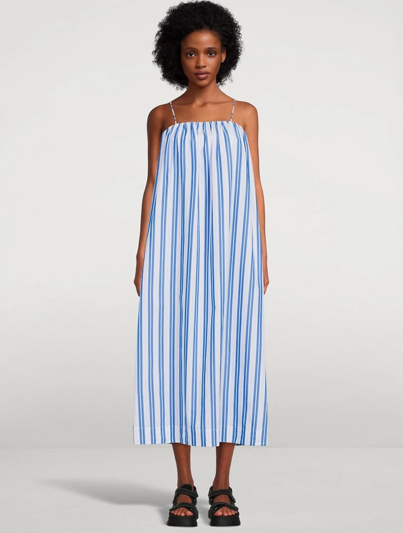Cotton Strapless Midi Dress Striped Print