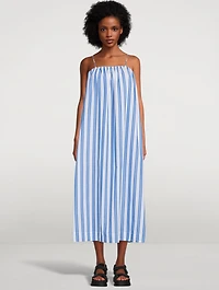 Cotton Strapless Midi Dress Striped Print