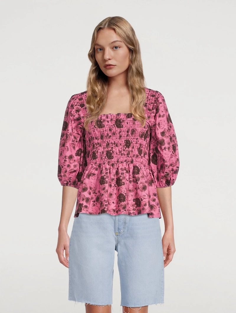Printed Poplin Shirred Blouse
