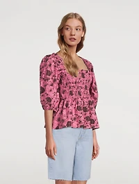 Printed Poplin Shirred Blouse