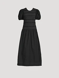 Puff-Sleeve Smocked Organic Cotton Midi Dress