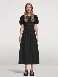 Puff-Sleeve Smocked Organic Cotton Midi Dress
