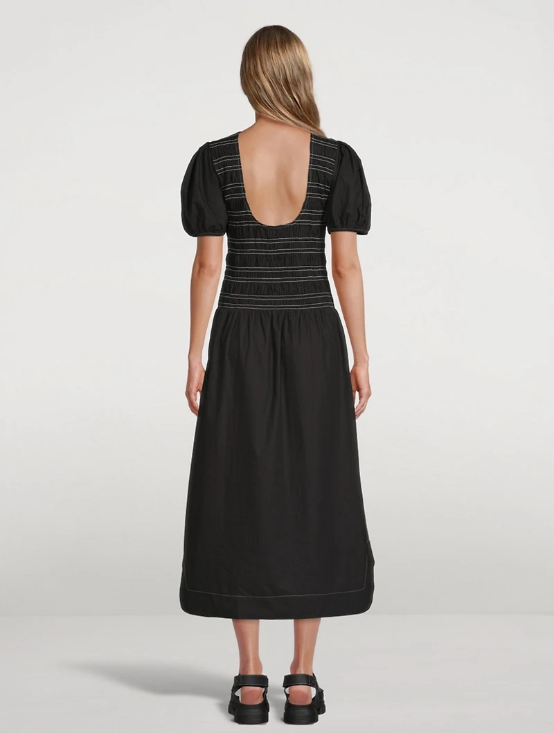 Puff-Sleeve Smocked Organic Cotton Midi Dress