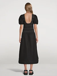 Puff-Sleeve Smocked Organic Cotton Midi Dress