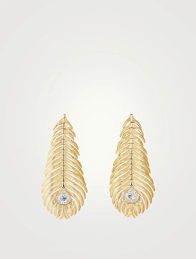 Large Plume De Paon Gold Pendant Earrings With Diamonds