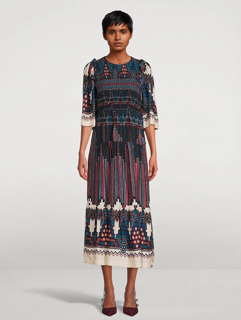 Mandie Smocked Midi Dress Geometric Print